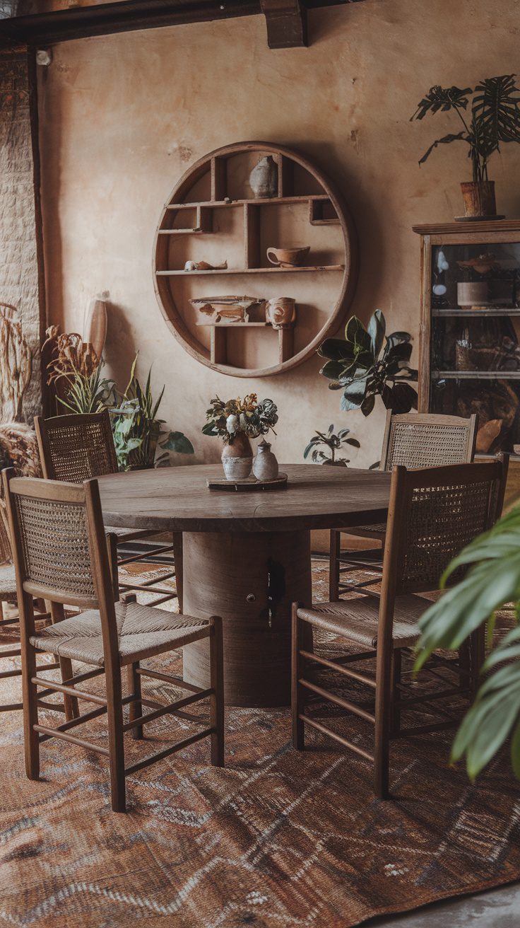 A cozy dining area featuring a round wooden table, woven chairs, and a circular shelf on the wall displaying pottery.