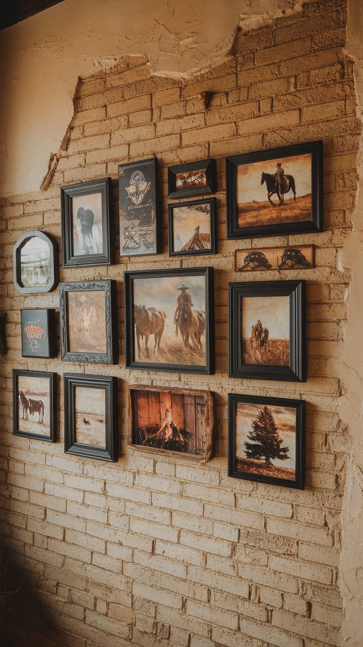 A collage of western-themed black-framed wall art depicting cowboys and horses on a brick wall.